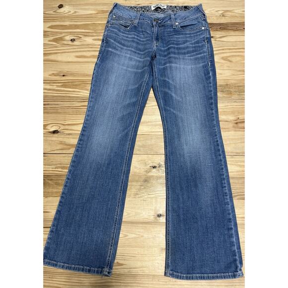 ARIAT REAL DENIM WOMENS SIZE 31 R SHORT BOOTCUT BLUE JEANS LOW RISE WHITE STITCH - Picture 1 of 8